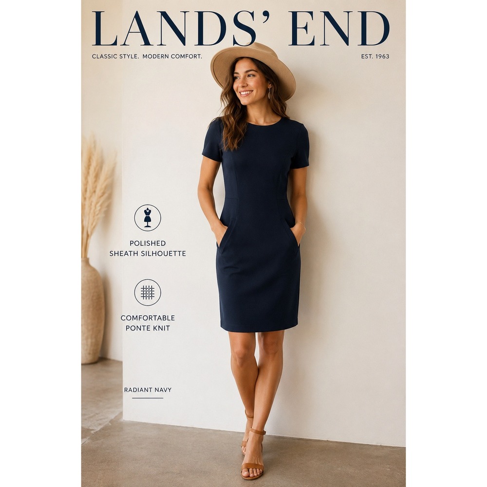 NEW Lands' End Ponte Sheath Dress Women 8‎ Radiant Navy Short Sleeve Pockets